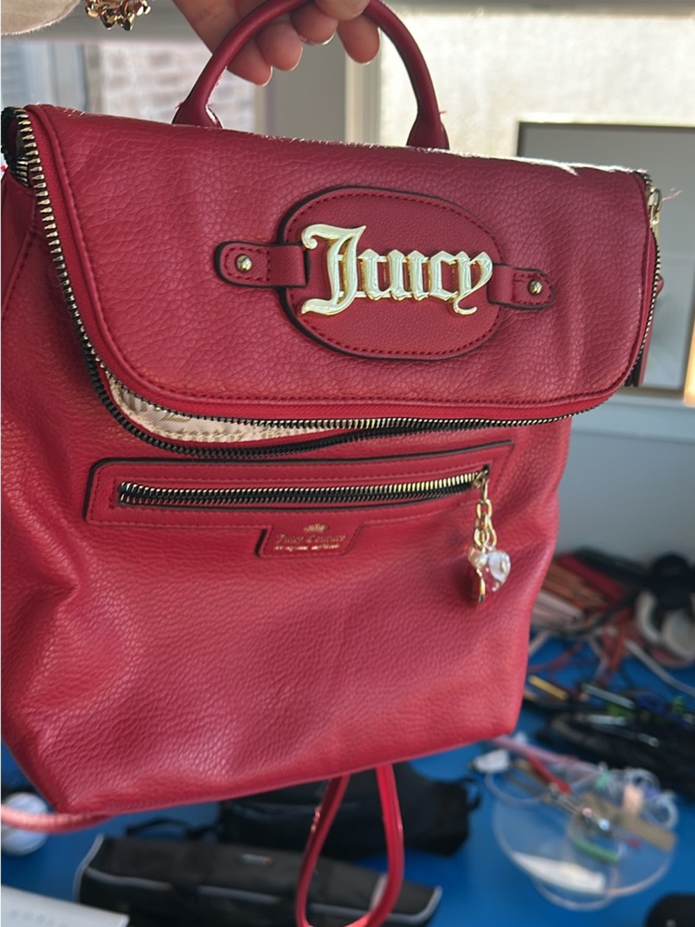Juicy Couture Red Pebbled Leather Backpack with Gold Logo